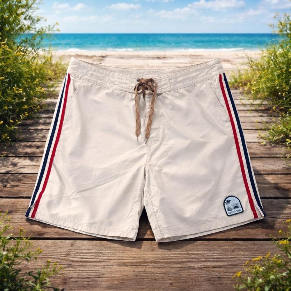 Howler Brothers Cream Swim Trunks with Red and Blue Stripes